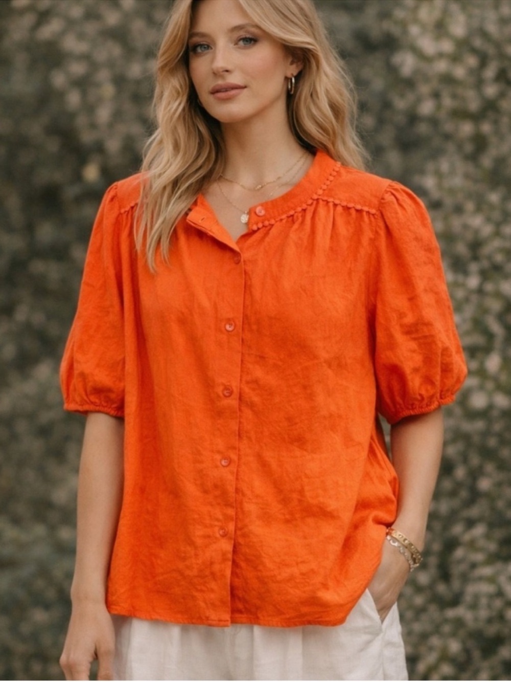 PrettyGarden Button Front Blouse Pom Pom Cotton Crepe in Orange M